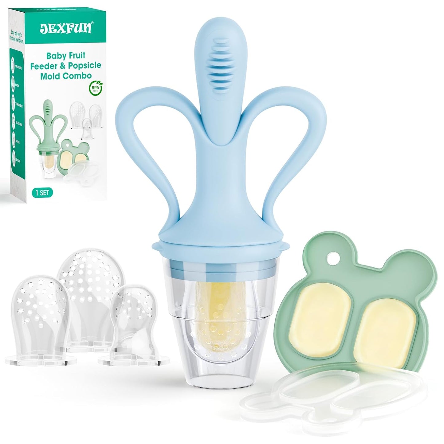 JEXFUN Baby Fruit Feeder & Breastmilk Popsicle Mold Set, Silicone Food Feeder Pacifier for Cooling Relief with 3 Replaceable Pouches, BPA-Free Teething Toy for Safe Infant Self Feeding (Pea Green)