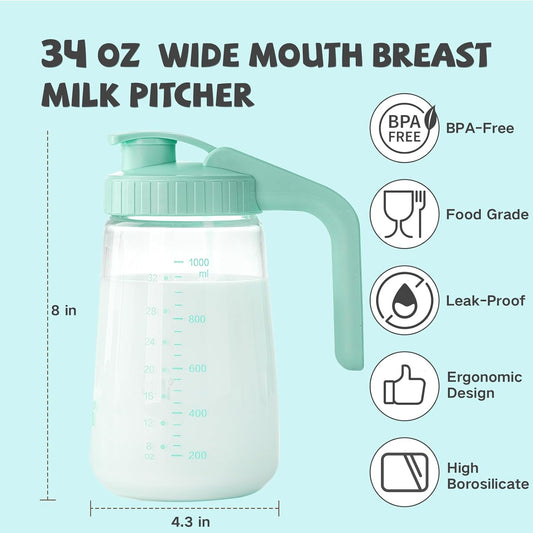 COMI 34oz Breast Milk Pitcher,No Leak Breast Milk Storage Containers for Fridge,Resistant to Heat and Cold,Wide Mouth Breastfeeding Essentials with Sealing Ring,Baby Formula Maker,Pink