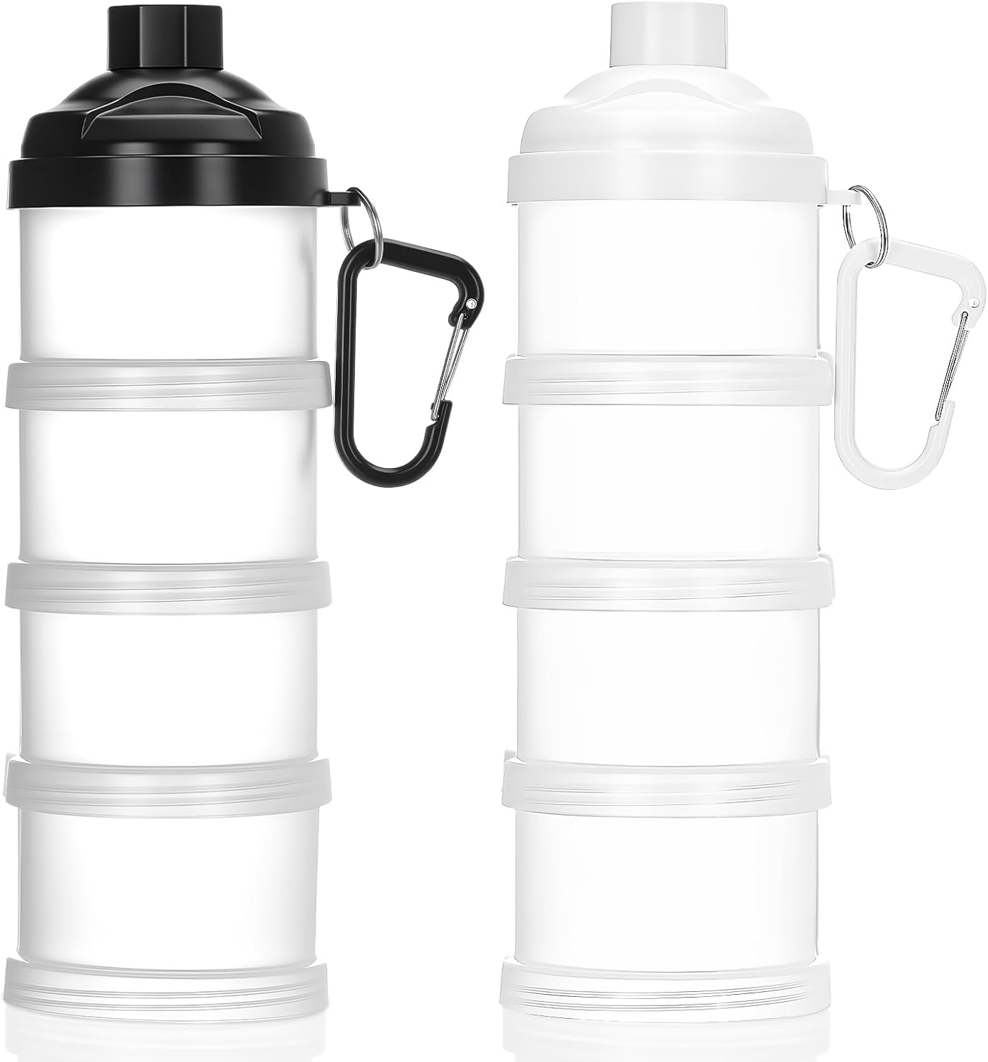 Baderke 2 Pcs Protein Powder Travel Container with Funnels Stand, 4 Layers Stackable Travel Powder Container Formula Supplement Organizer Storage Holder for Workout Fitness(Black)