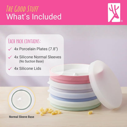 Elk and Friends Kids 7.8” Porcelain Divided Plates with Silicone Sleeves | Suitable for Babies/Kids/Toddlers | Microwave & Dishwasher Safe | Non Slip | Snack Dishes