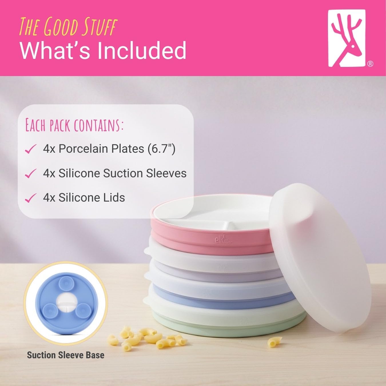 Elk and Friends Kids 6.7” Porcelain Divided Plates with Silicone Suction Sleeves + Silicone Lids | Suitable for Babies/Kids/Toddlers | Microwave & Dishwasher Safe | Non Slip | Snack Dishes | 4 Pack