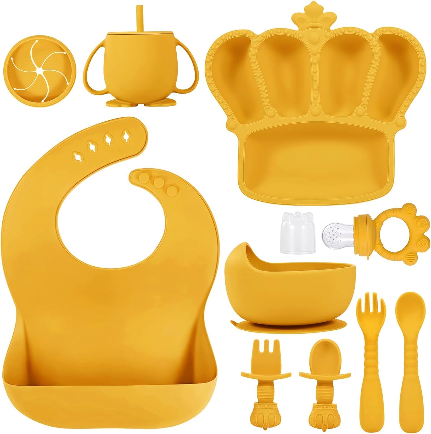 Silicone Baby Feeding Set 10 Pcs Baby Led Weaning Supplies Suction Bowl Divided Plate Baby Bibs Fruit Feeder Baby Spoons Forks Sippy Cup Toddler Utensil Sets Baby Essentials for Newborn Gift