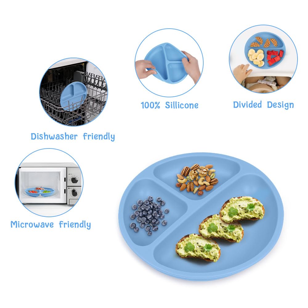 Vicloon Suction Plates, 2 Pcs Baby Toddler Plate Silicone, BPA Free Divided Plate, Divided Plate Design,Silicone Grip Dish Microwave & Dishwasher Safe