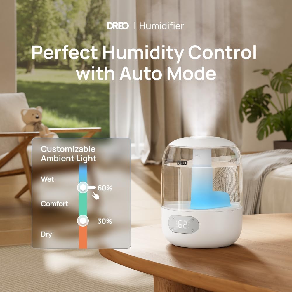 DREO Humidifiers for Bedroom, 3L Top Fill 30H & 26dB Quiet Runtime for Large Room, Cool Mist Ultrasonic Humidifier with Humidity Sensor, Night Light for Home, Baby, Nursery, Plants, New Edition