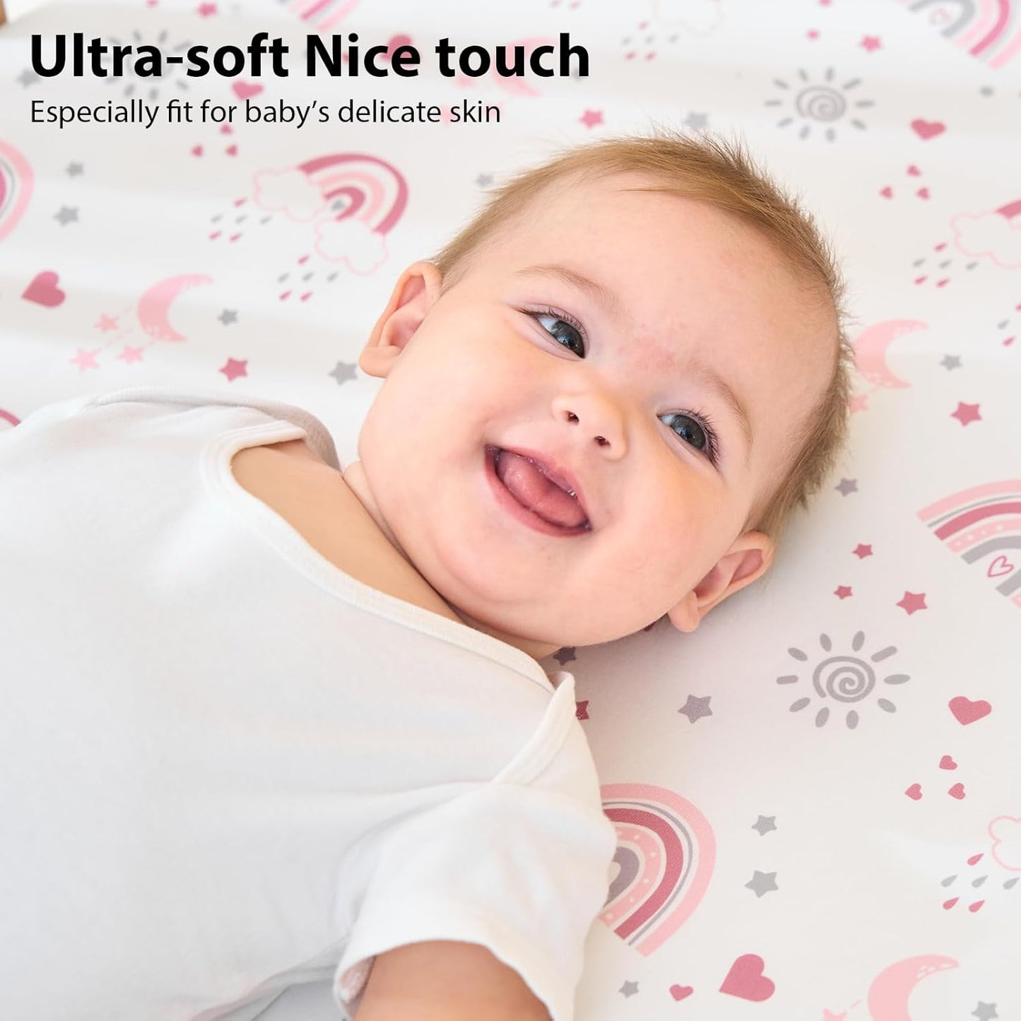 Baby Mini Crib Sheets Girl, Portable 38”x26” Pack and Play Sheets Fitted for Playard and Pack N Play Mattress, 3-Pack Soft Microfiber Pink Rainbow