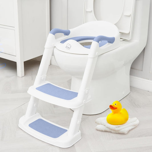 Forbena Potty Training Toilet Seat with Step Stool Ladder, Toddler Kids Potty Seat for Boys Girls, Non Slip Foldable Toilet Training Seat with Soft Cushion, Comfortable Handles (White-Grey)