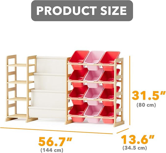 SpaceAid 3-in-1 Toy Storage Organizer with 4 Shelves and 12 Bins, Toy Organizers Storage 3-Tier Bookshelf, Kids Bin Shelf Box Bookcase for Bedroom Playroom Organization Room Decor, Red and Pink
