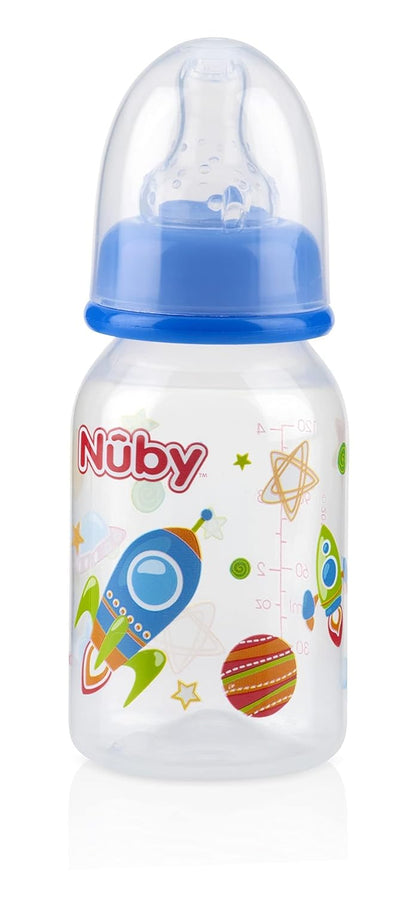 Nuby Printed Non-Drip Bottle, 4 Ounce, 1 Pack of 1 Bottle, Colors May Vary