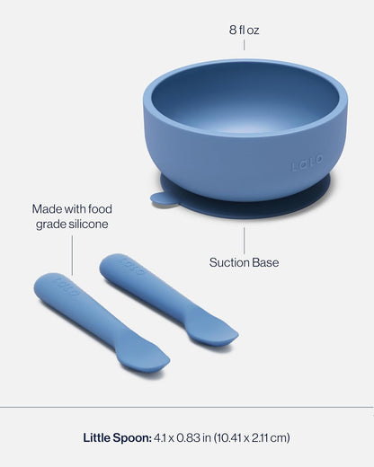 Lalo First Bites Silicone Baby Feeding Set - Baby Led Weaning Supplies - Non-Toxic Silicone - Includes 1 Bib, 2 Spoons, Training Cup, Suction Plate and Bowl - 6 Pieces - Blueberry