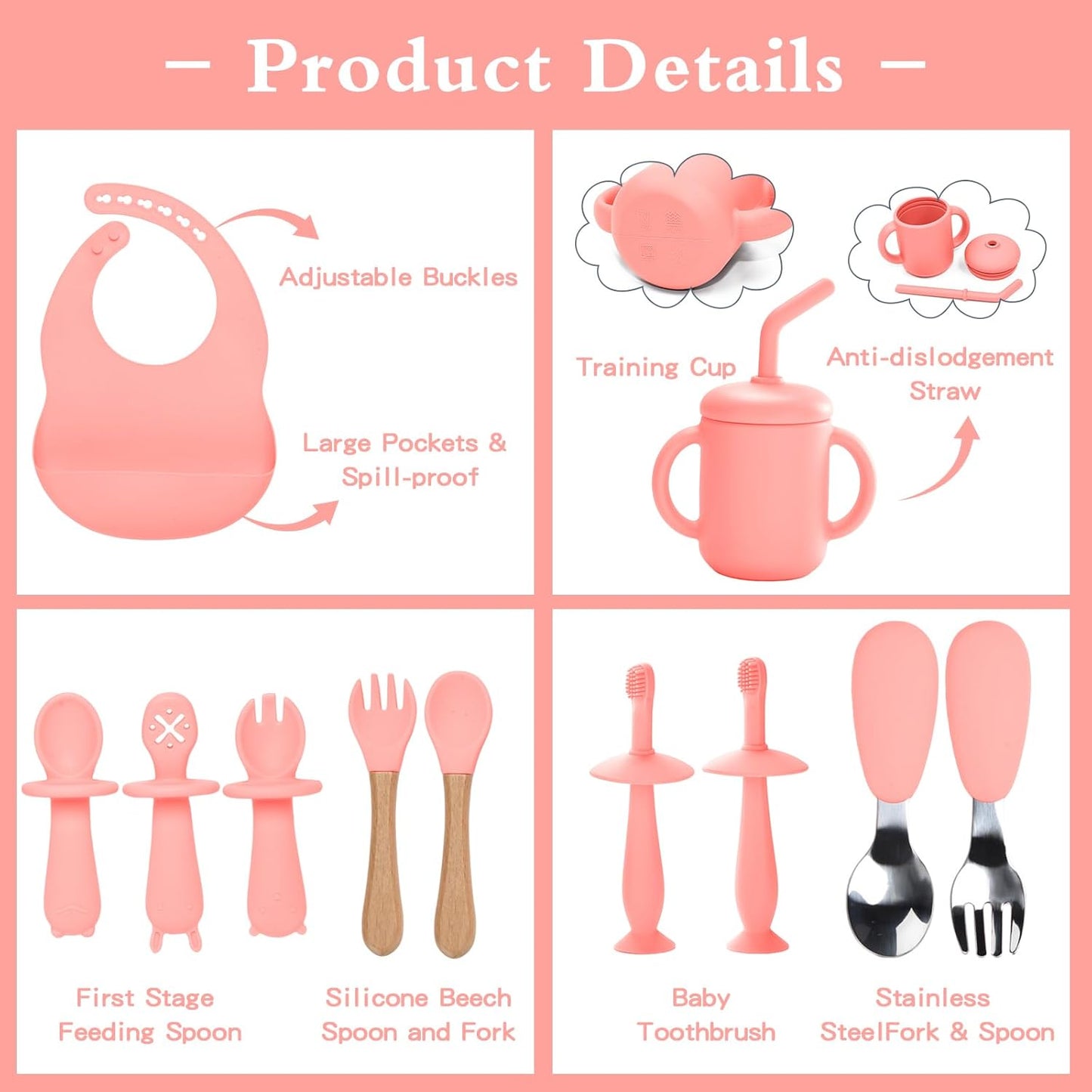 Silicone Feeding Set, 13PCS Baby Feeding Essentials with Suction Bowl & Plate, Spoons & Forks, Bib & Cup, Toothbrush, Baby Led Weaning Supplies for 6+ Months, Eating Essentials (Blue)