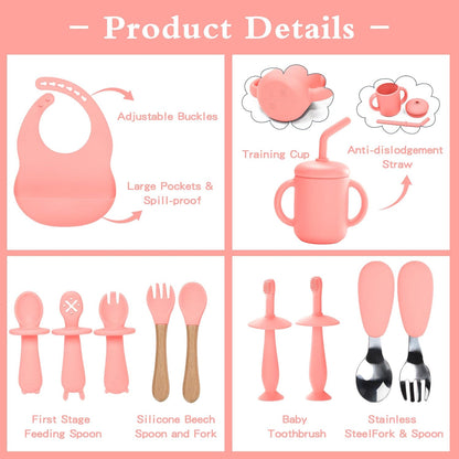 Silicone Feeding Set, 13PCS Baby Feeding Essentials with Suction Bowl & Plate, Spoons & Forks, Bib & Cup, Toothbrush, Baby Led Weaning Supplies for 6+ Months, Eating Essentials (Blue)