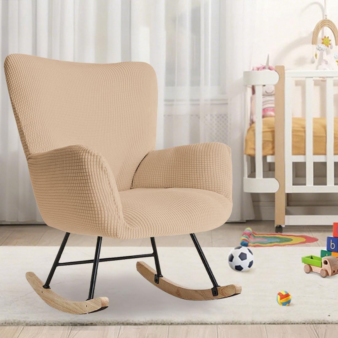 Nursery Rocking Chair Cover Stretch Glider Chair Covers Jacquard Modern Reading Chair Slipcover Rocking Accent Armchair Protector for Living Room Nursery Bedroom, Beige
