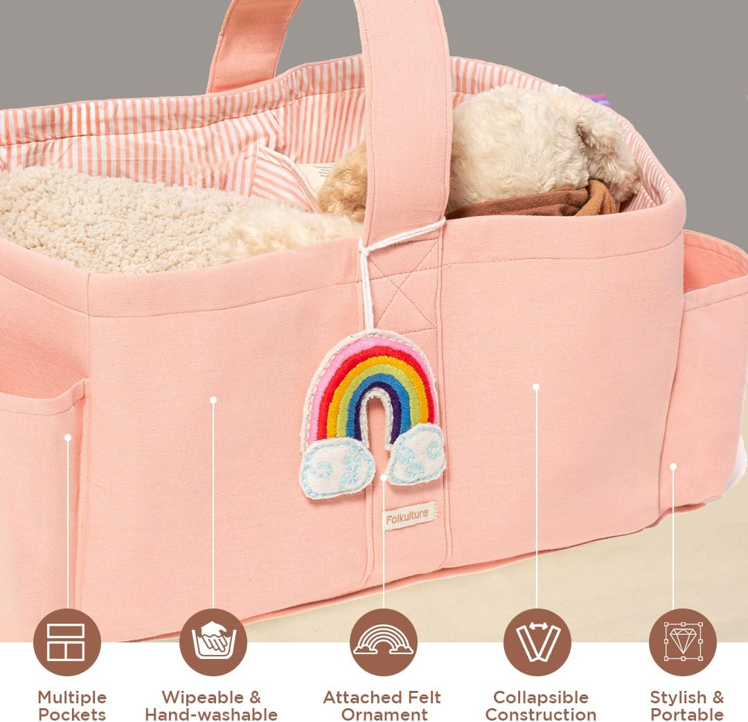 Folkulture Baby Diaper Caddy | Cotton Diaper Bag for Kids - Stylish Comfort Spacious Travel Essential Cart | Nursery Storage Bin and Car Organizer for Diapers, Wipes (Sky Blue - 15")