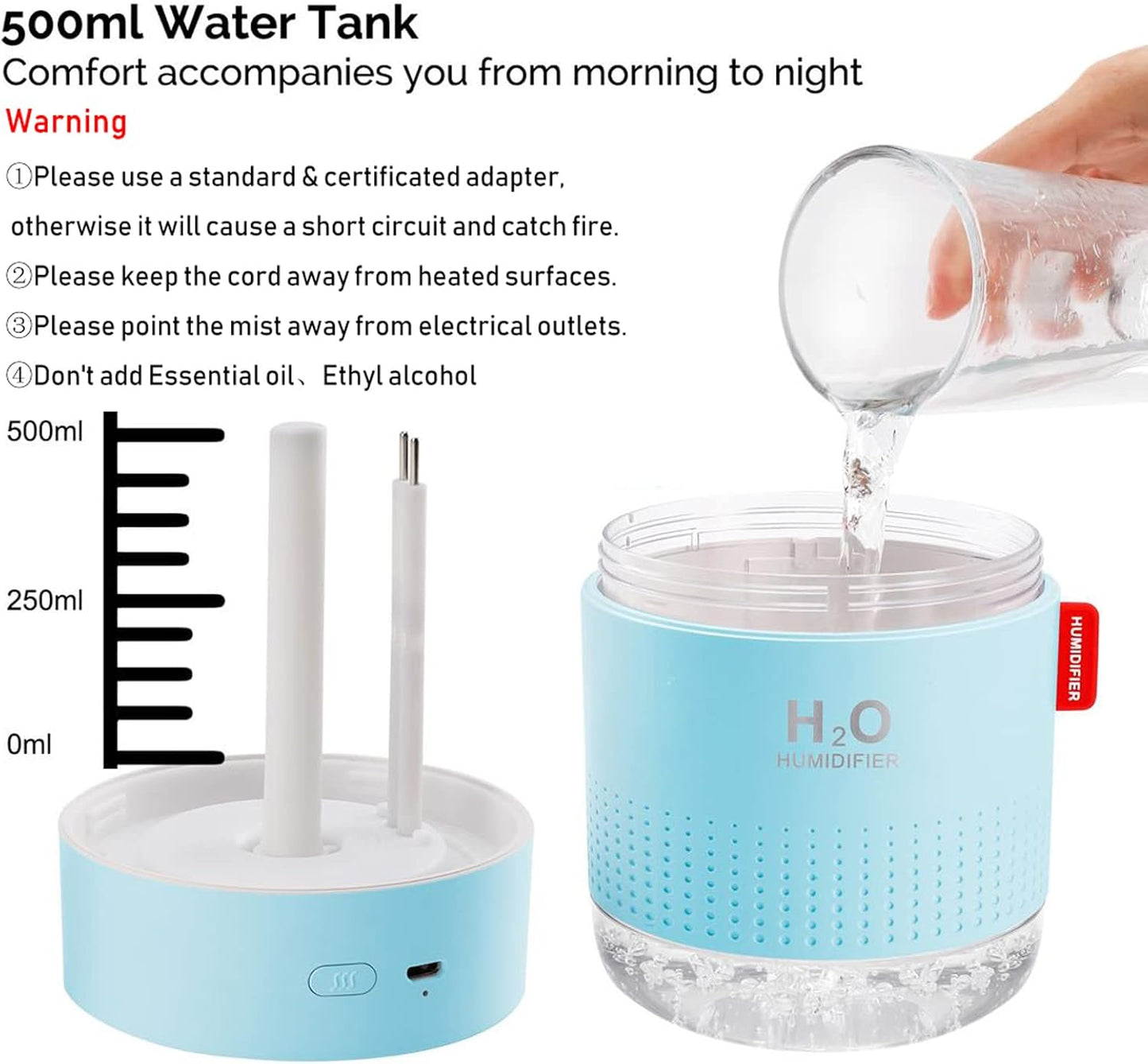 Portable Mini Humidifier, 500ml Small Cool Mist Humidifier, USB Personal Desktop Humidifiers for Baby Bedroom Travel Office Home, Auto Shut-Off, 2 Mist Modes, Super Quiet, White