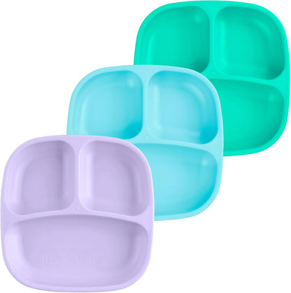 Re-Play Toddler Plates with Dividers - Deep-Walled 3 Compartments Divided Plates for Kids - Dishwasher & Microwave Safe - Made in USA - Set of 3-7.37" x 7.37" x 1.25" - Beach Baby