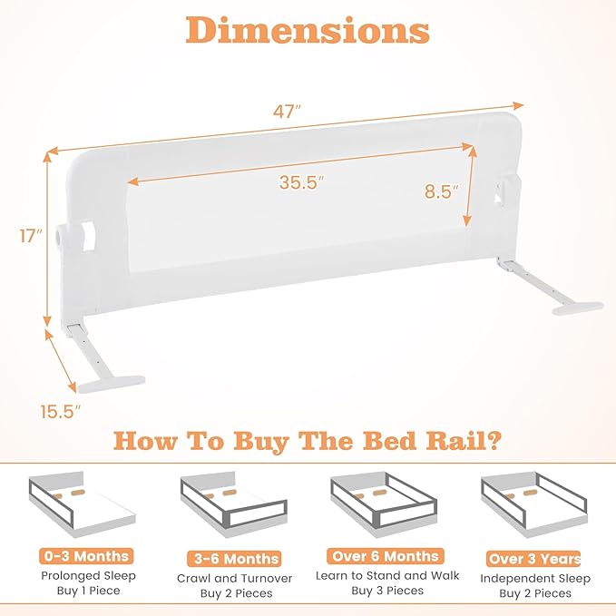 HONEY JOY Bed Rail for Toddlers, Extra Long, Foldable Portable Swing Down Safety Bed Guard Rail, Toddler Bed Rails for Crib, King Queen Full Twin Size Bed Mattress (White, 2 Pack, 47 Inch)