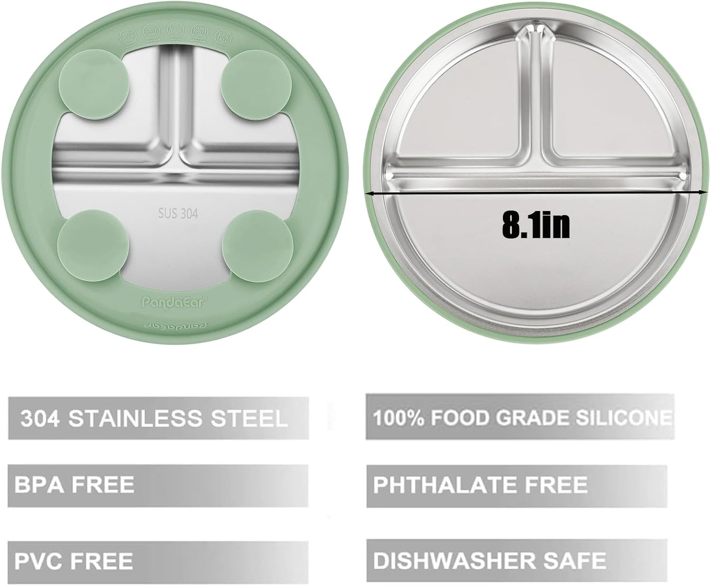 PandaEar 2 Pack Stainless Steel Baby Suction Plates & 2 Pack Spoons, Toddler Utensils Baby Feeding Set, Divided Plates for Baby Led Weaning Supplies, BPA-Free (Blue/Green)