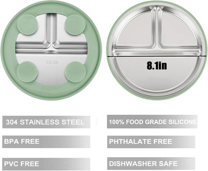 PandaEar 2 Pack Stainless Steel Baby Suction Plates & 2 Pack Spoons, Toddler Utensils Baby Feeding Set, Divided Plates for Baby Led Weaning Supplies, BPA-Free (Blue/Green)