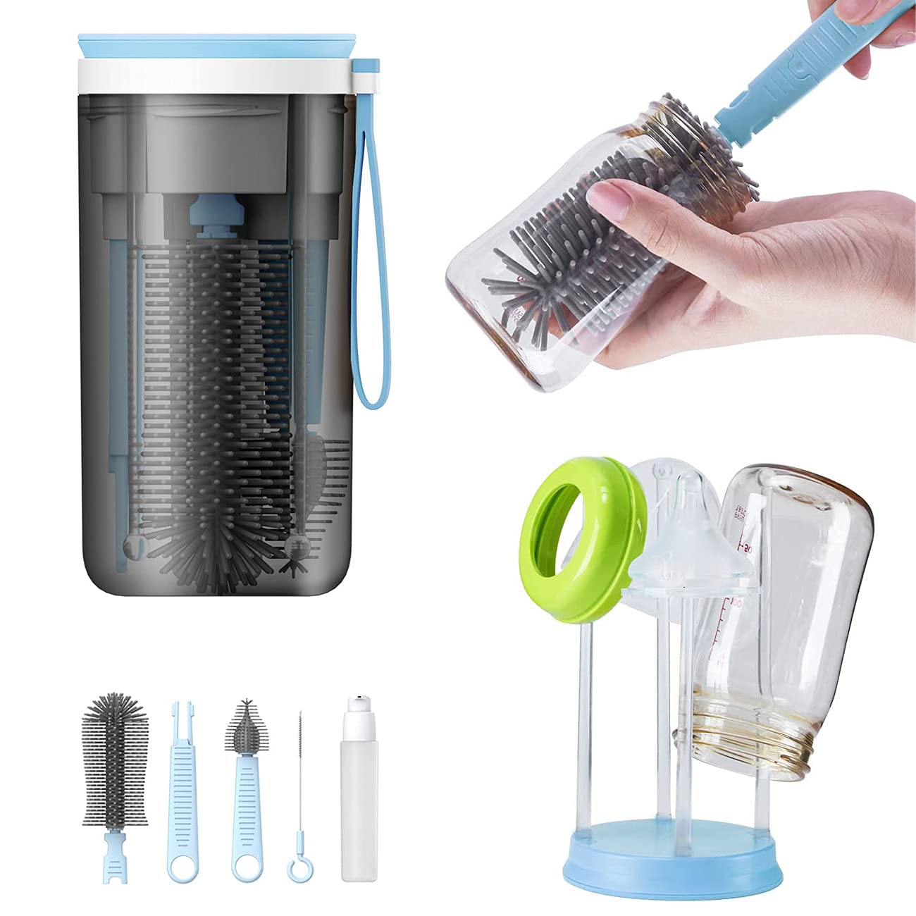 Travel Baby Bottle Drying Rack with Bottle Cleaning Brush Set, Blue