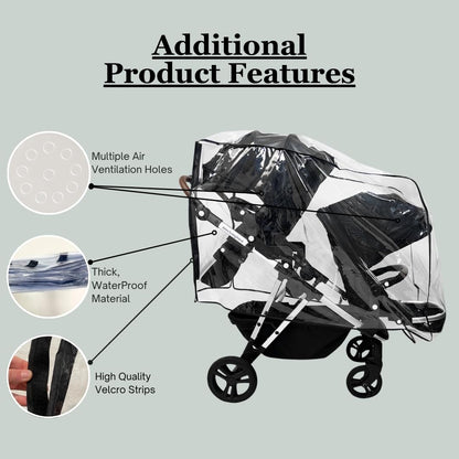 SASHA'S Double Rain and Wind Cover Made for Mockingbird Single-to-Double 2.0 Stroller w/Second Seat Kit 2.0,Ventilation Holes, Maximum Coverage Made in USA (Stroller not Included)