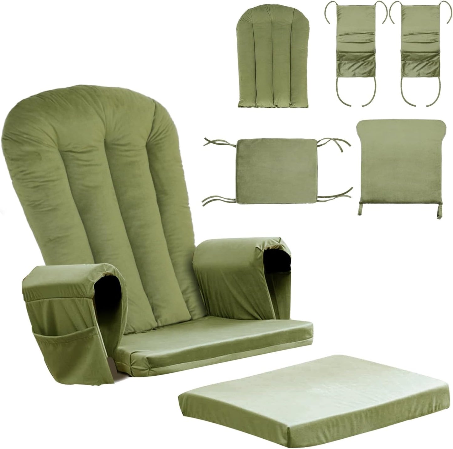 5PCS Suede Glider Rocker Replacement Cushions with 29.5" High Backrest & Side Pockets, Thickened Soft Glider Rocking Chair Cushions with Ottoman Cushion for Indoor Nursery Rocking Chair, Green