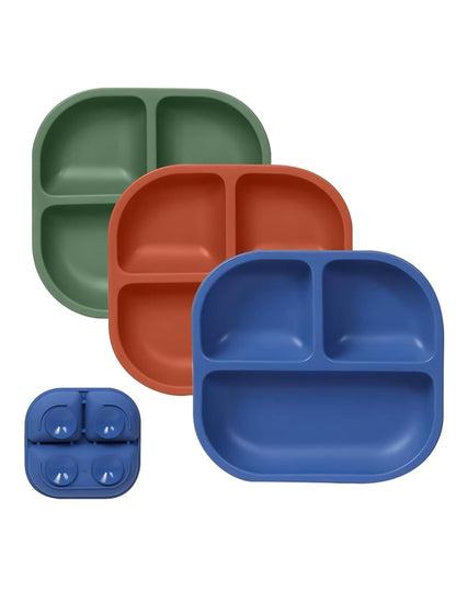 BABELIO Powerful Suction Plates for Baby and Toddler, 100% Food Grand Silicone, Divided, BPA Free, Microwave & Dishwasher Safe, Stay Put, 3 Pack
