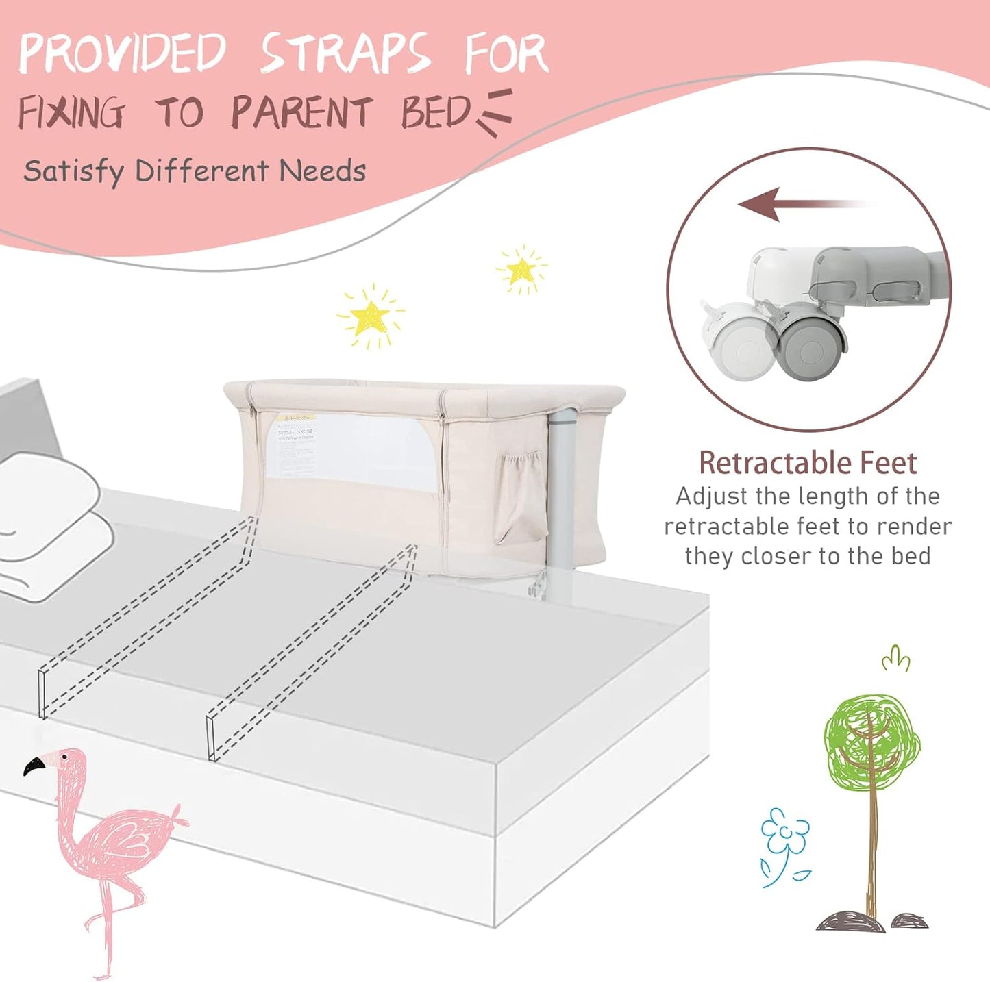 HONEY JOY Baby Bassinet Bedside Sleeper, 3-in-1 Easy Folding Portable Crib for Baby with Wheels, 5 Adjustable Heights, Easy to Assemble Bed to Bed, Mattress & Carry Bag for Infant Newborn (Pink)