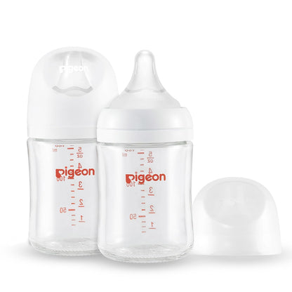 Pigeon Glass Nursing Bottle Wide Neck, Anti-Colic, Streamlined Body, Natural Feel, Easy to Clean, Heat-Resistant, 8.1 Oz (Pack of 2), Includes 2pcs M Nipples (3m+)