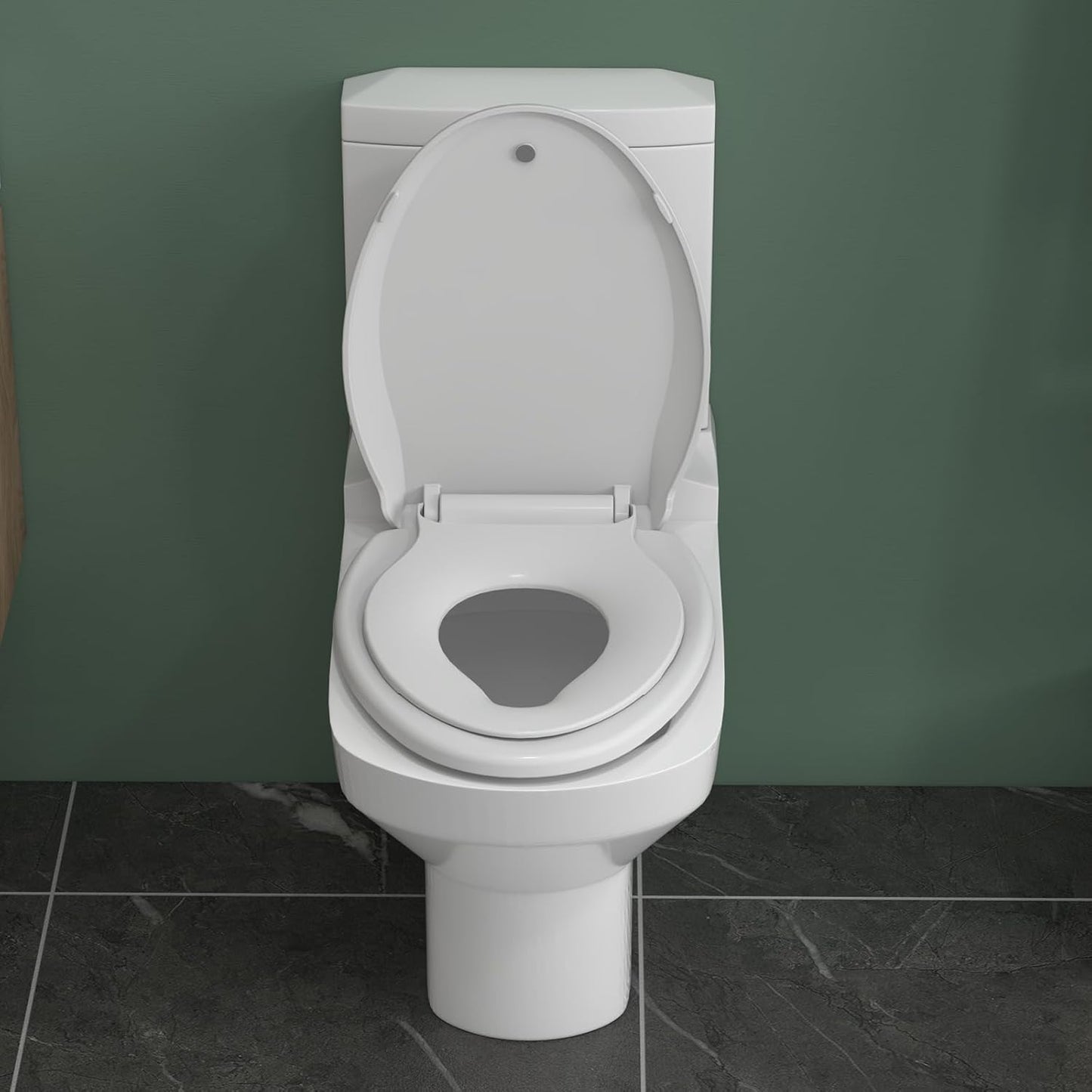 17" White Round Toilet Seat for Adult and Child, Built-In Potty Training Seat with Soft Quiet Close Non-Slip Design, Magnetic Kids Seat and Cover for Round/Oval Toilets, Easy to Install and Clean