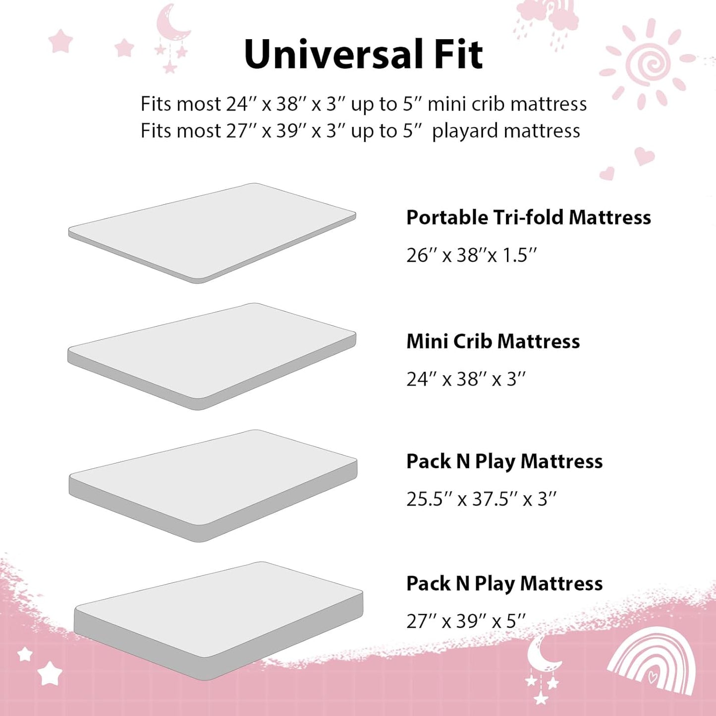 Baby Mini Crib Sheets Girl, Portable 38”x26” Pack and Play Sheets Fitted for Playard and Pack N Play Mattress, 3-Pack Soft Microfiber Pink Rainbow