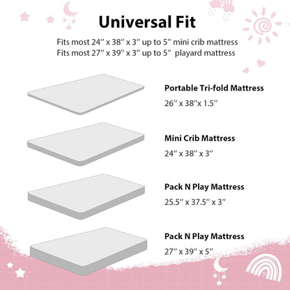 Baby Mini Crib Sheets Girl, Portable 38”x26” Pack and Play Sheets Fitted for Playard and Pack N Play Mattress, 3-Pack Soft Microfiber Pink Rainbow