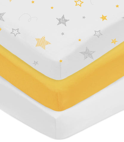 American Baby Company 3 Pack 100% Natural Cotton Fitted Pack and Play Sheets 39" x 27" - Soft & Breathable Pack N Play Sheets for Playard & Mini Crib Mattress, Yellow Star/Yellow/White, for Boy & Girl
