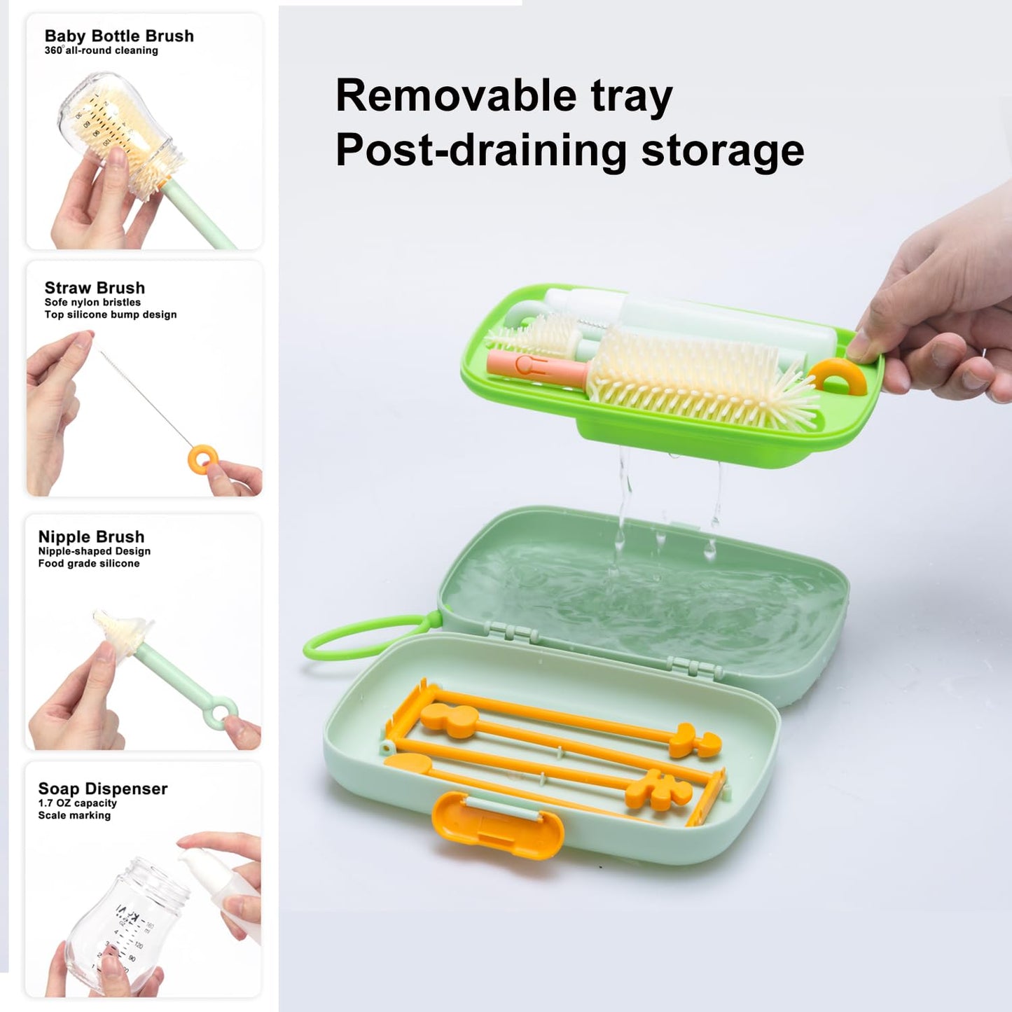7in1 Travel Bottle Cleaner kit with Baby Bottle Brush and Bottle Drying Rack,Swift Cleaning, Easy Portability(Blue)