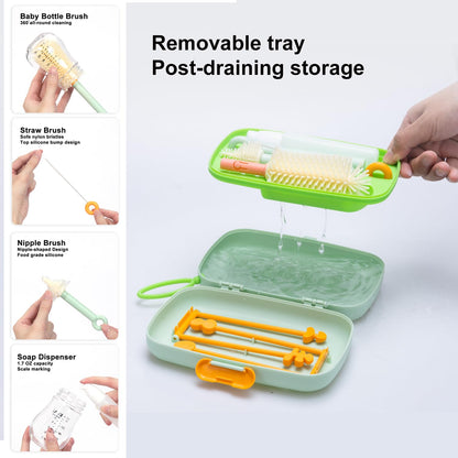 7in1 Travel Bottle Cleaner kit with Baby Bottle Brush and Bottle Drying Rack,Swift Cleaning, Easy Portability(Blue)