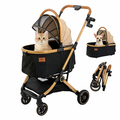 Premium Dog Stroller for Small & Medium Dogs, 6 in 1 Luxury Foldable Pet Stroller with Detachable Carrier, Travel Cat Stroller with 360° Rotating Wheels, Detachable Pet Car Seat, Black