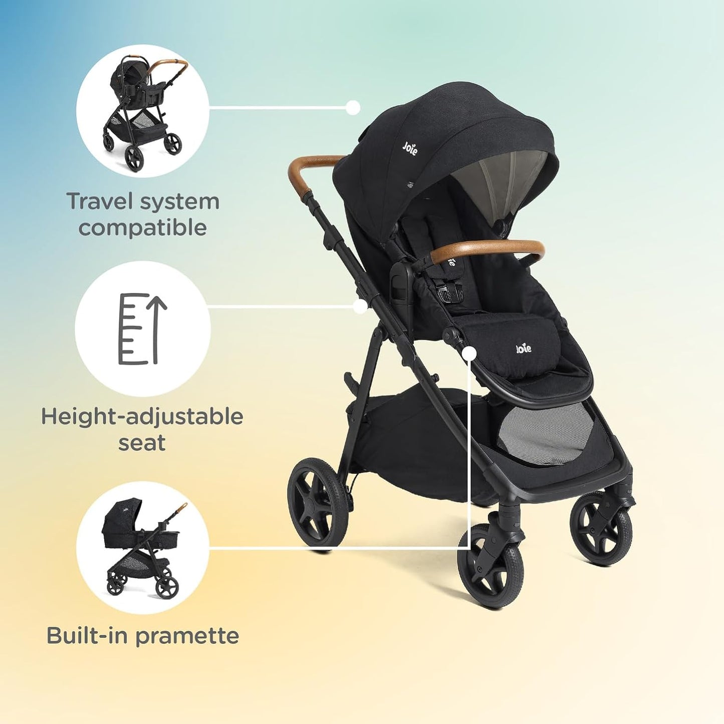 Joie Ginger 4-in-1 Convertible Pramette and Stroller with A Deep Recline, Height Adjustable seat, All-Terrain Wheels, Extra Storage – for Newborns and Toddlers (Shale Dark)