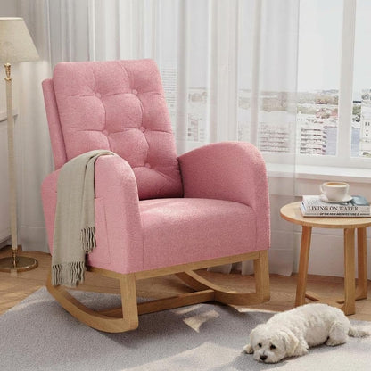 Modern Rocking Chair for Living Room, Comfortable Recliner Rocker with Side Pocket, Soft Linen Upholstered Glider Chair for Bedroom, Nursery, Lounge-Grey