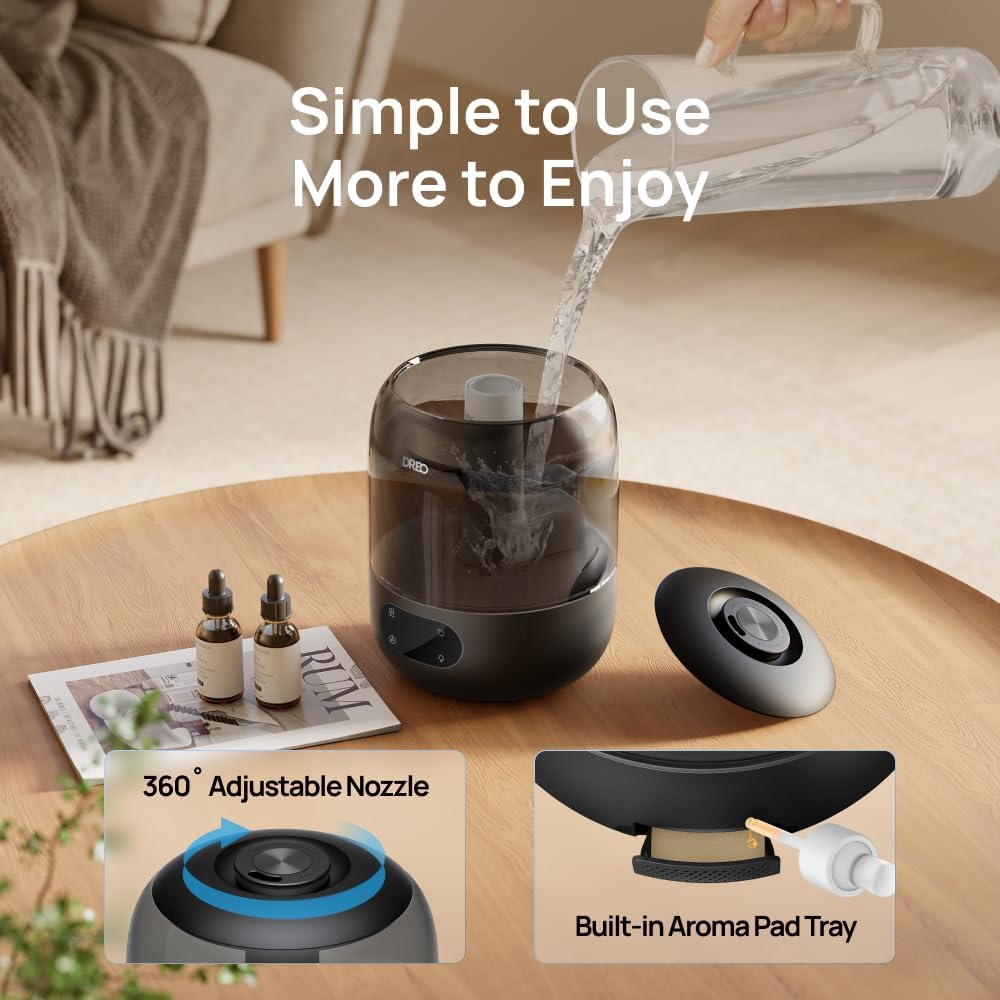 DREO Humidifiers for Bedroom, 3L Top Fill 30H & 26dB Quiet Runtime for Large Room, Cool Mist Ultrasonic Humidifier with Humidity Sensor, Night Light for Home, Baby, Nursery, Plants, New Edition