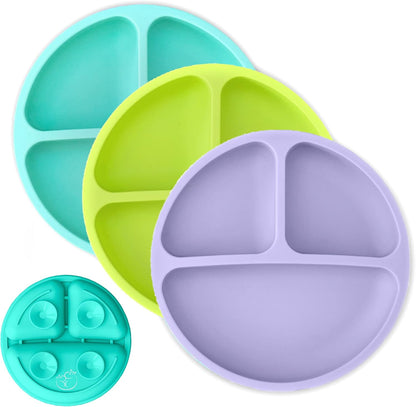 Hippypotamus Toddler Plates with Suction - 100% Food-Grade Silicone Baby Plates with Lids - Microwave & Dishwasher Safe - BPA Free - Set of 3 (Pink/Mint/Lavender with LIDS)