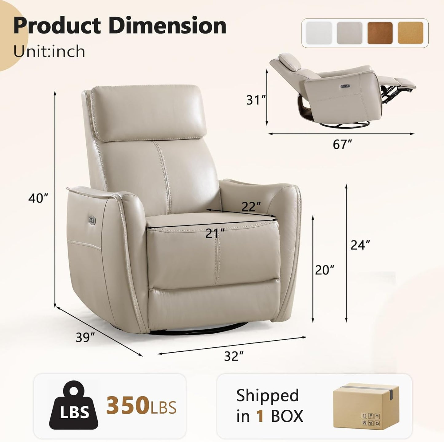 HAOMARKETS Electric Swivel Rocker Recliner Chair, Power Faux Leather Glider Rocking Recliners for Adults,360° Swivel Nursery Reclining Sofa with USB Charging Port, White