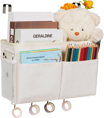 Bedside Storage Organizer 5 Pockets with 4 Hooks Hanging Storage Bag for Headboards/Bunk Bed (Pink)