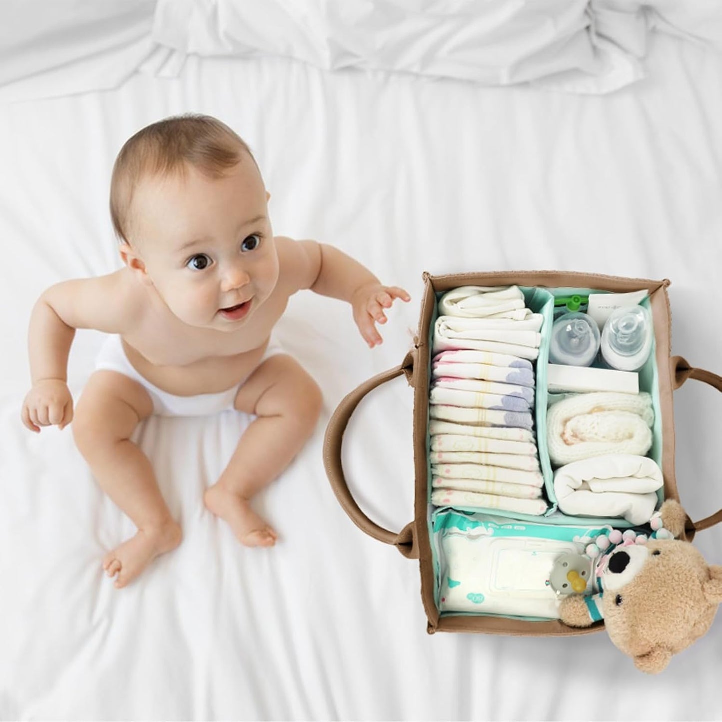 MOMINSIDE Diaper Caddy Organizer, Baby Basket Nursery Storage, Portable Changing Table Car caddy organizer for Girl Boy, Baby Registry Baby Shower Gifts, Newborn Essentials(Brown), FA231103-2N