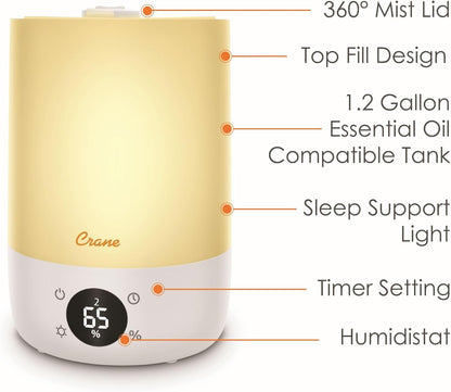 Crane Top Fill Mini Humidifier for Bedroom and Nursery 3-In-1 Essential Oil Diffuser Sleep Light 0.5 Gallon Baby Humidifier
