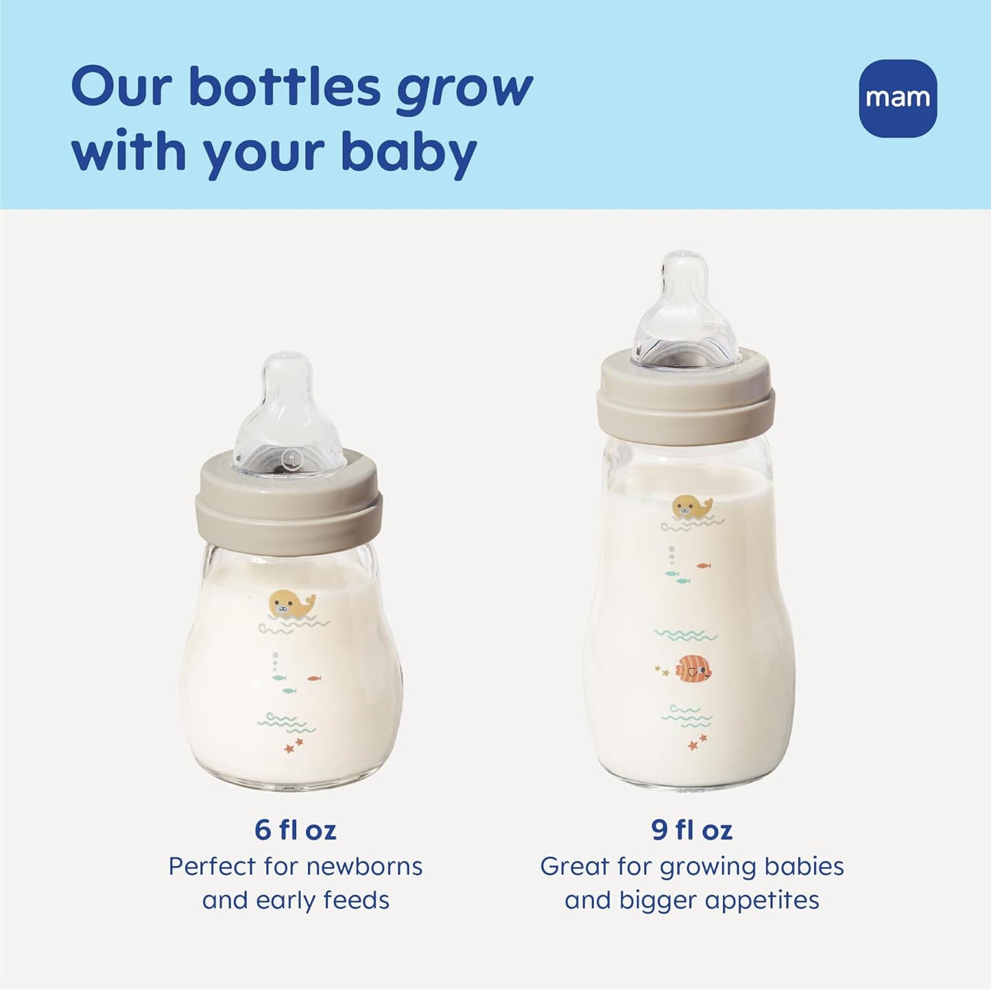 MAM 9oz Feel Good Pure Glass Anti-Colic Wide Neck Baby Bottle, Medium Flow Skin Soft Silicone Nipple, Easy to Clean, BPA Free, 2+ Months, Easy Switch Between Breast & Bottle, Made in Europe, 3 Pack