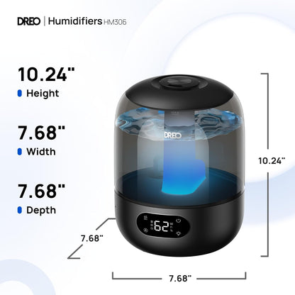 DREO Humidifiers for Bedroom, 3L Top Fill 30H & 26dB Quiet Runtime for Large Room, Cool Mist Ultrasonic Humidifier with Humidity Sensor, Night Light for Home, Baby, Nursery, Plants, New Edition