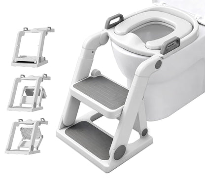 [No Assembly Required] BABY JOYCE Potty Training Seat with Step Stool Ladder, Extra Sturdy Integrated Toddler Toilet Seat for Boys Girls, Anti-Slip Step & Splash Guard, Foldable Potty Ladder (Grey)