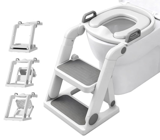 [No Assembly Required] BABY JOYCE Potty Training Seat with Step Stool Ladder, Extra Sturdy Integrated Toddler Toilet Seat for Boys Girls, Anti-Slip Step & Splash Guard, Foldable Potty Ladder (Grey)