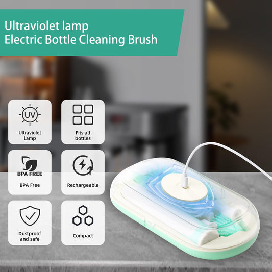 Electric Bottle Brush,Electric Baby Bottle Brush Set with Silicone Bottle/Pacifier/Straw Brush and Mixing Head, Water Bottle Cleaner Brush with Drying Rack, 2 Modes & 360° Rotation (Green)