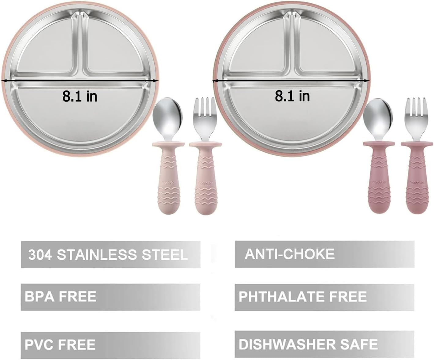 PandaEar 2 Pack Stainless Steel Baby Suction Plates & 2 Pack Spoons and Forks Set, Toddler Utensils Baby Feeding Set, Divided Plates for Baby Led Weaning Supplies, BPA-Free (Tan/Walnut)