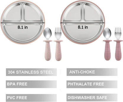 PandaEar 2 Pack Stainless Steel Baby Suction Plates & 2 Pack Spoons and Forks Set, Toddler Utensils Baby Feeding Set, Divided Plates for Baby Led Weaning Supplies, BPA-Free (Tan/Walnut)